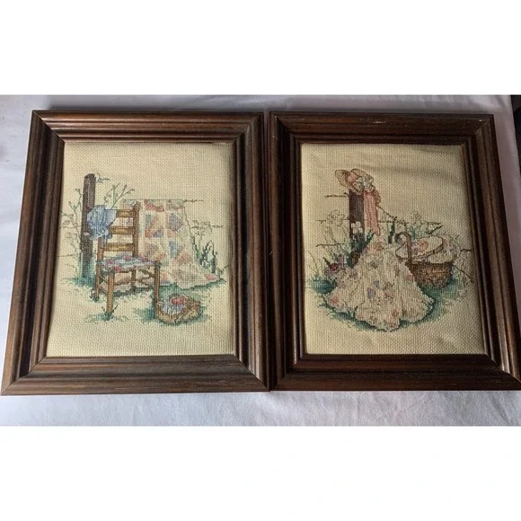 2 Beautiful Finished & Framed Cross Stitch Pictures 80's Granny Core Vintage - Picture 2 of 8